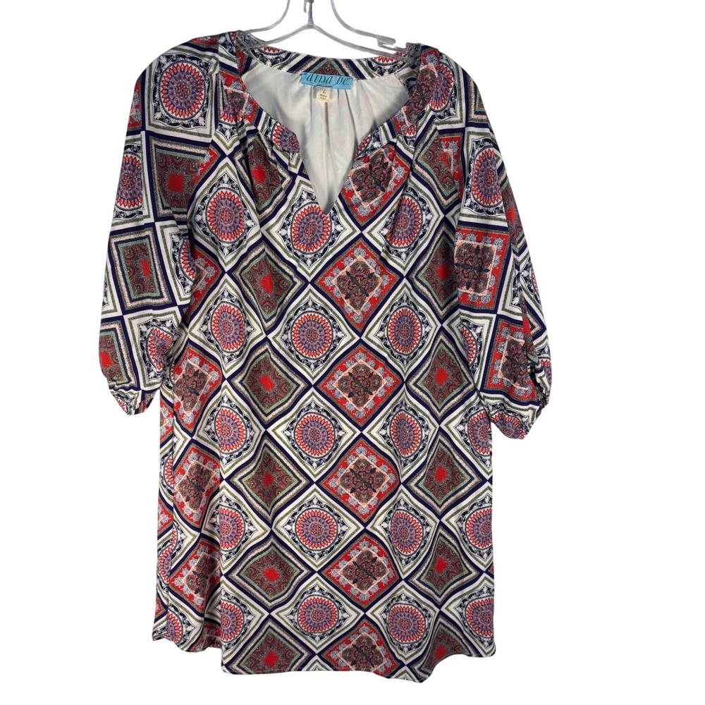 Anna Be Women Red Blue Geometric Medallion Print Split Neck Shift Dress Large